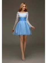 Echt Vintage Short Prom Kleider Hellblau A-linie Mit Langen Ärmeln Open Back 2016 Cocktailkleider Mit Ärmeln für Junioren cd9987