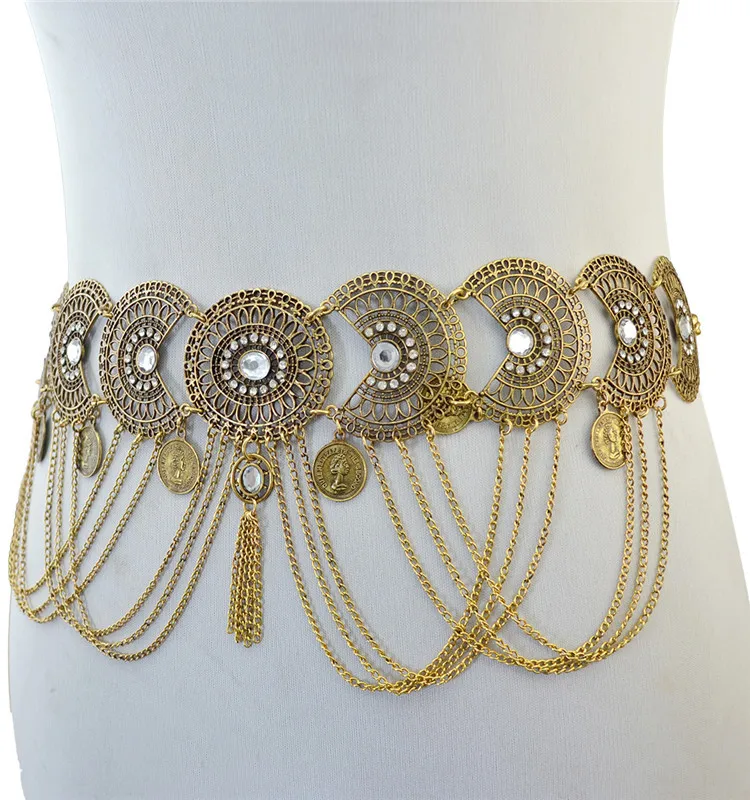 Мода Ретро стиль ажурная Золотая цепь с кристаллом пояс Геометрическая кисточка монета длинная талия цепь для женщин ювелирные изделия для тела поясная цепь