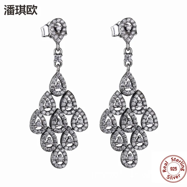 

Authentic 925 Sterling Silver Clear Zircon Cascading Charm Water drops Drop Earrings Compatible with panqiou Jewelry For Women