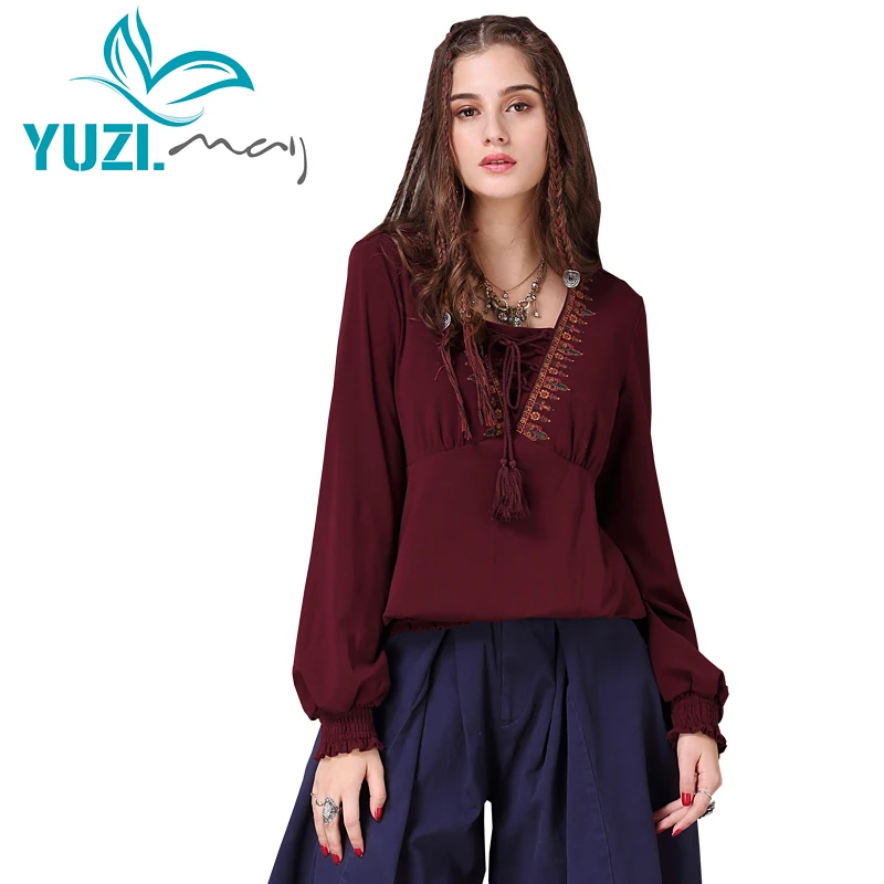 Женская футболка Yuzi. may Boho, новинка, хлопок, спандекс, топы с v-образным вырезом, винтажная вышивка, рукав-фонарик, свободные женские футболки B9237