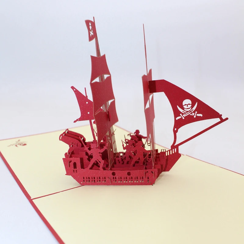  3D Handmade Full Red Sailing Ship Pirate Boat Paper Greeting Cards with Envelope Business Kids Birt - 32914208965