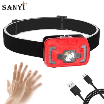 

Double Switch Headlamp Body Motion Sensor Headlight 6 Modes LED White Red Head Light USB Rechargeable Torch Camping Flashlight