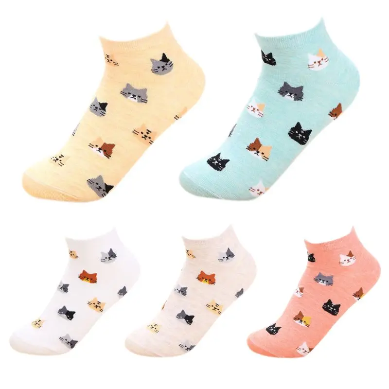 

Women Girls Rib Trim Cotton Short Boat Socks Cute Cartoon Meow Cat Head Printed Sweet Candy Color Casual Hosiery 5 Colors