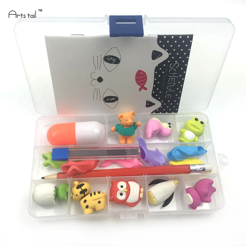 

Animal Eraser and Pencil Notebook Ball point Pen Items All In An Organizer Box School Stationery Set