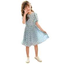 Свободное шифоновое платье с цветочным принтом, хлопковое платье для девочек 3-14 лет, летняя одежда для больших девочек, простое детское платье с оборками