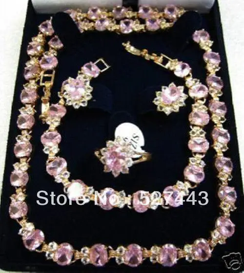 

free shipping>>> Wholesale Pretty vogue stone inlay pink Crystal necklace bracelet earring ring (A0425)