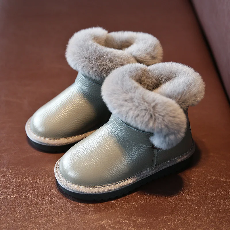

New Children's Leather Warm Plus Velvet Cotton Shoes Sheepskin Black Gray Snow Boots