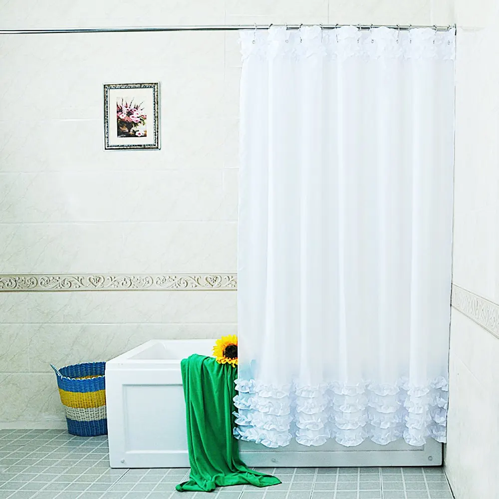 New Home Decoration Bathroom Shower Curtain Waterproof Moldproof Solid Polyester Fabric Lace With Hook Elegant White | Дом и сад