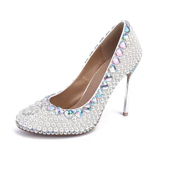 

MA0427 European and American New Fashion Star Women's Pumps White Pearl Water Diamondsl Round-Headed High-heeled Wedding Shoes
