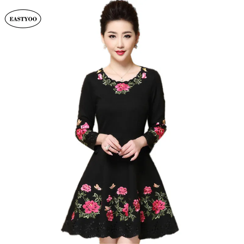 Rose Embroidery Dress Women Black Cotton Dresses Full Sleeve Flora