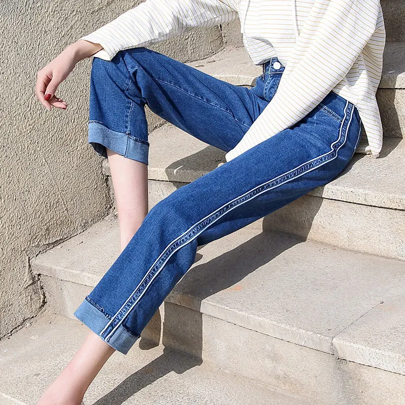 HEE GRAND Cuffs Mom Jeans for Women High Waist Side Stripe Smart Jeans Wide Leg Pockets Women Trousers Washed Loose Pants WKN595
