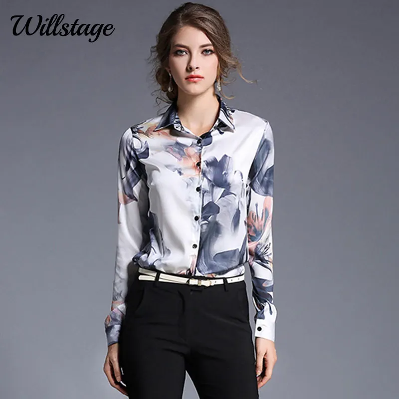 

Willstage Women Pattern Shirts Printed and dyeing Blouse Elegant Office ladies Blouse 2019 Autumn Female Clothing Formal Tops