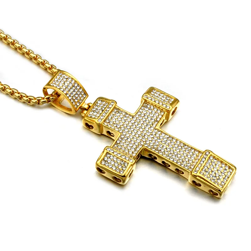 

HIP Hop Gold Color 6 Row Iced Out Micro Pave Crystal Cross Necklaces Stainless Steel Chain & Pendants for Men Christian Jewelry