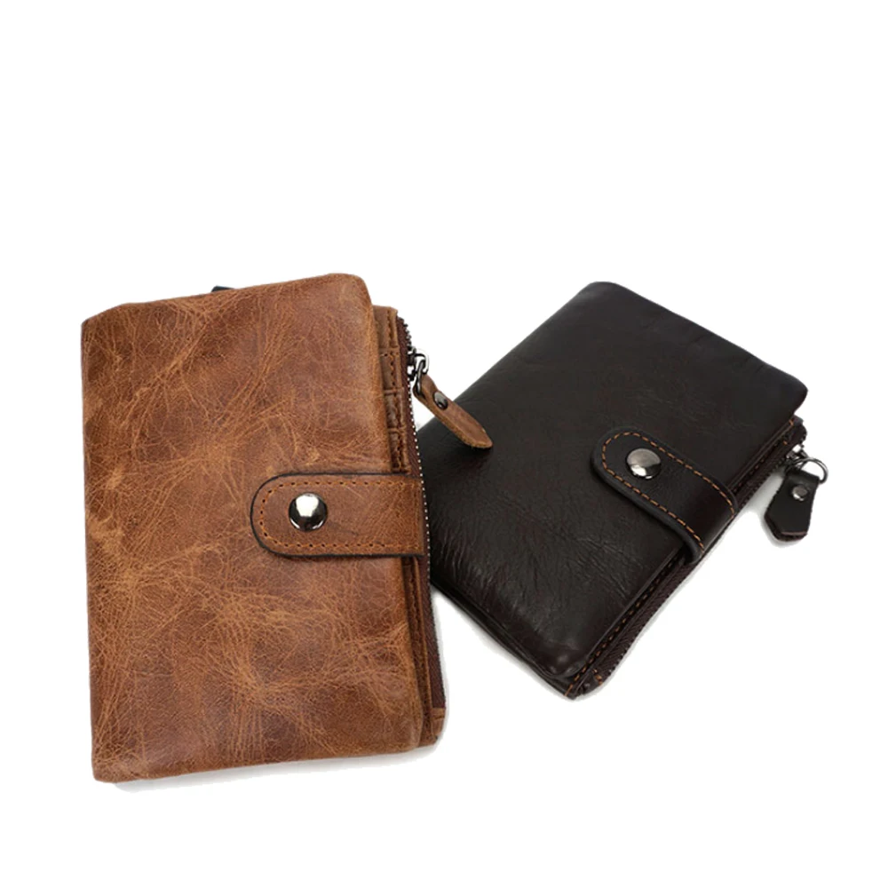 

Fashion Genuine Leather Men's Short Wallet Hand Made Buckle Zipper Vintage Brown/Black Multi-function Cow Leather Wallets