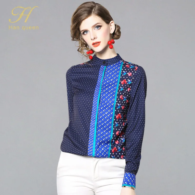 

H Han Queen 2019 Spring Blusa Women Tops Wave Point Blue Printing Blouses Elegant Long Sleeve Shirt Work Casual Chiffon Blouse