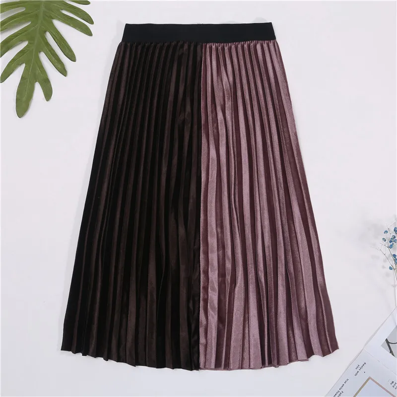 Женская юбка осень зима плиссированная юбка высокая талия юбки в стиле пэтчворк для женщин бархатная плиссированная юбка миди Harajuku - Цвет: 2