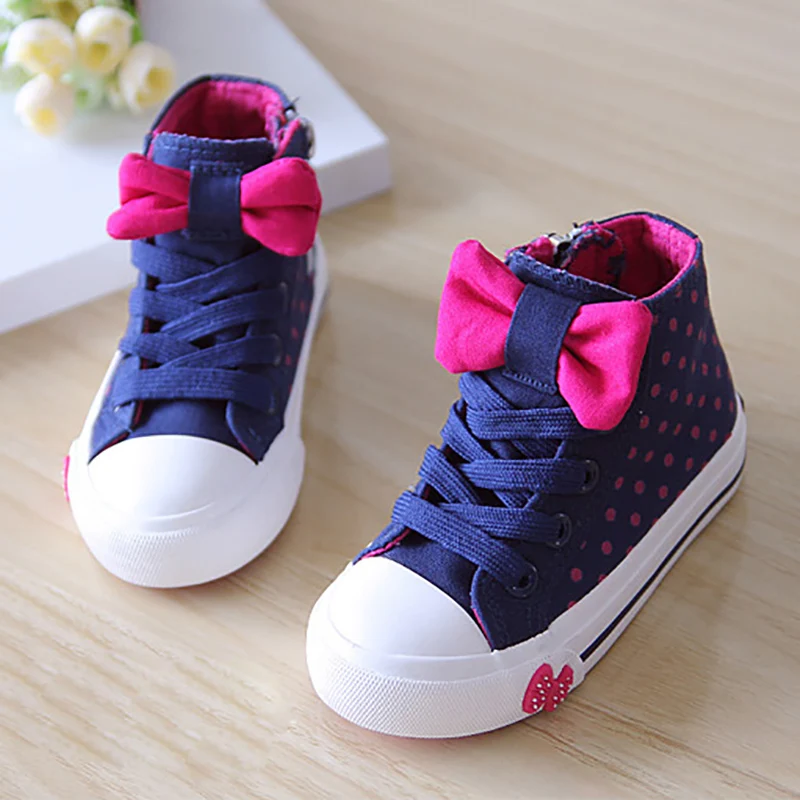 

2019 Autumn Spring New fashion Polka Dot Children's Shoes Girl Sneakers Zip Kids flat Little High bow Canvas Shoes EUR 32-36