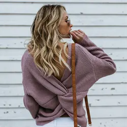 Женские вязаные свитера с открытой спиной и перекрещивающимся крестом, Осень-зима 2019, модные свитера для женщин, однотонный Повседневный
