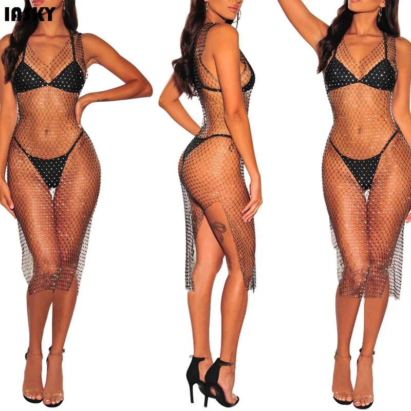 IASKY 2018 New Fish net Bikini Cover ups Shiny Crystal Swimsuit Cover up Bathing Suit Swimwear