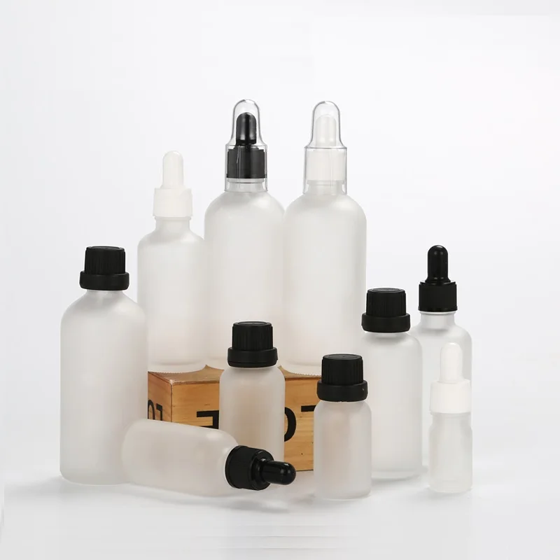 Frost Glass Essential Oil Bottles White Cap Black Lid Empty Cosmetic Packaging Container Vials