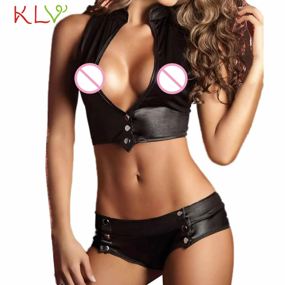 

Ladies Bra Panty Sets Sexy Leather Button Black Lingerie Women Underwear Exotic Babydoll Conjunto Lenceria Mujer PlusSize 19Feb1