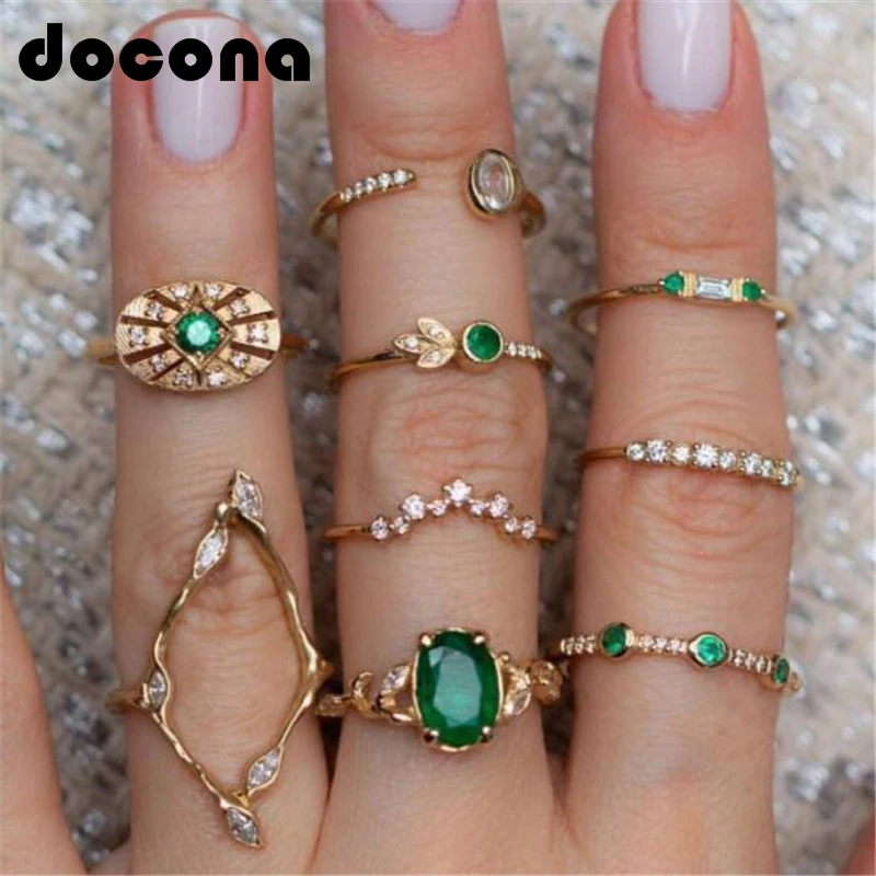

docona Bohemian 9pcs/1set Gold Green Rhinestone Leaf Rings Set for Women Crystal Carving Geometric Knuckle Midi Rings Set 7120