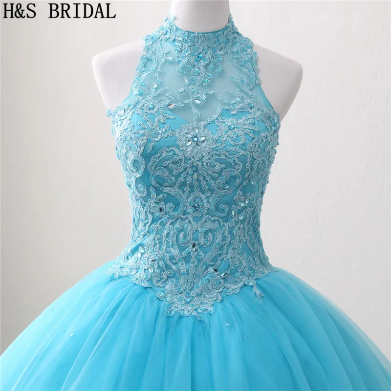 H& S свадебное синее бальное платье Бальные платья Холтер Кружева платье для выпускного Расшитое бисером сладкий 15 лет принцесса платья Vestidos De 15 Anos