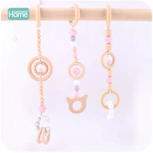 MamimamiHome Baby Rattles Play Gym Toys 3pcs Food Grade Silicone Beads Teething Wood Rings Wooden Teether