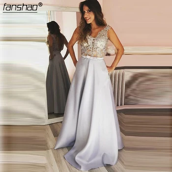 

Simple Evening Dresses Long Sexy A Line Satin with Lace Appliques Elegant Long Party Evening Gown Robe De Soiree