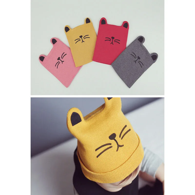 Cat Print Ear Baby Hat Boys Girls Cap Crochet Newborn Photography Props Knit Beanie Baby Hat