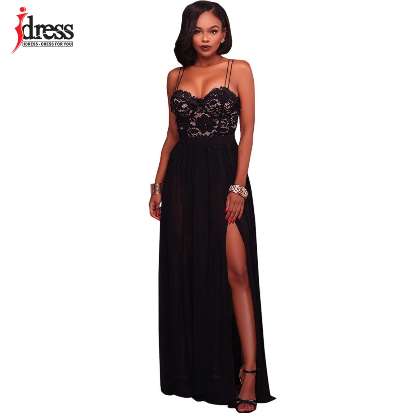 IDress 2017 Spaghetti Strap Black Lace Dress Women Party Elegant Floral Lace Chiffon Dress Floor Length Split Women Long Dress (9)