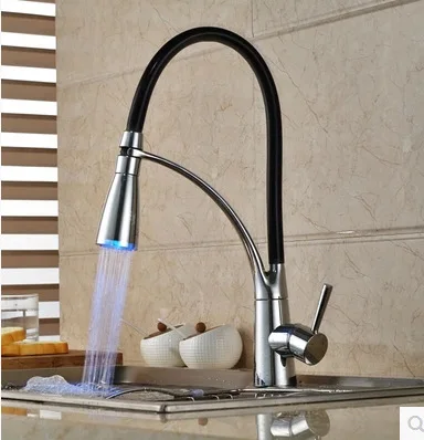 

LED Kitchen Faucets with Rubber Design Chrome Mixer Faucet for Kitchen Single Handle Pull Down Deck Mounted Crane for Sinks 7661