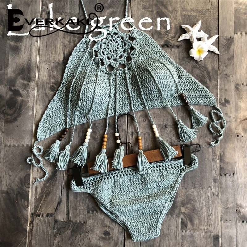 Everkaki 2019 tassel Hollow knitting Swimsuit female Bikini set Bohemia Women bathing costume Sexy ladies Tankini swimwear women Everkaki 2019 tassel Hollow knitting Swimsuit female Bikini set Bohemia Women bathing costume Sexy ladies Tankini swimwear women