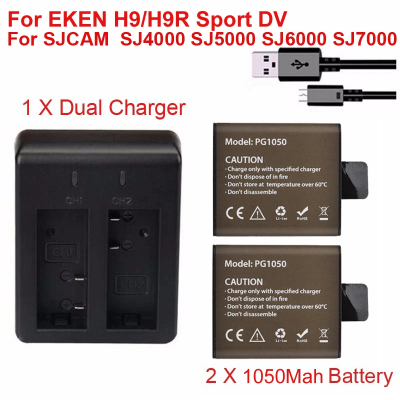 

2x 1050mAh Sport Action Camera Battery For EKEN H9 H9R H3R H8PRO H8R pro SJCAM SJ4000 SJ5000 Sport Mini DV Batteria+Dual Charger