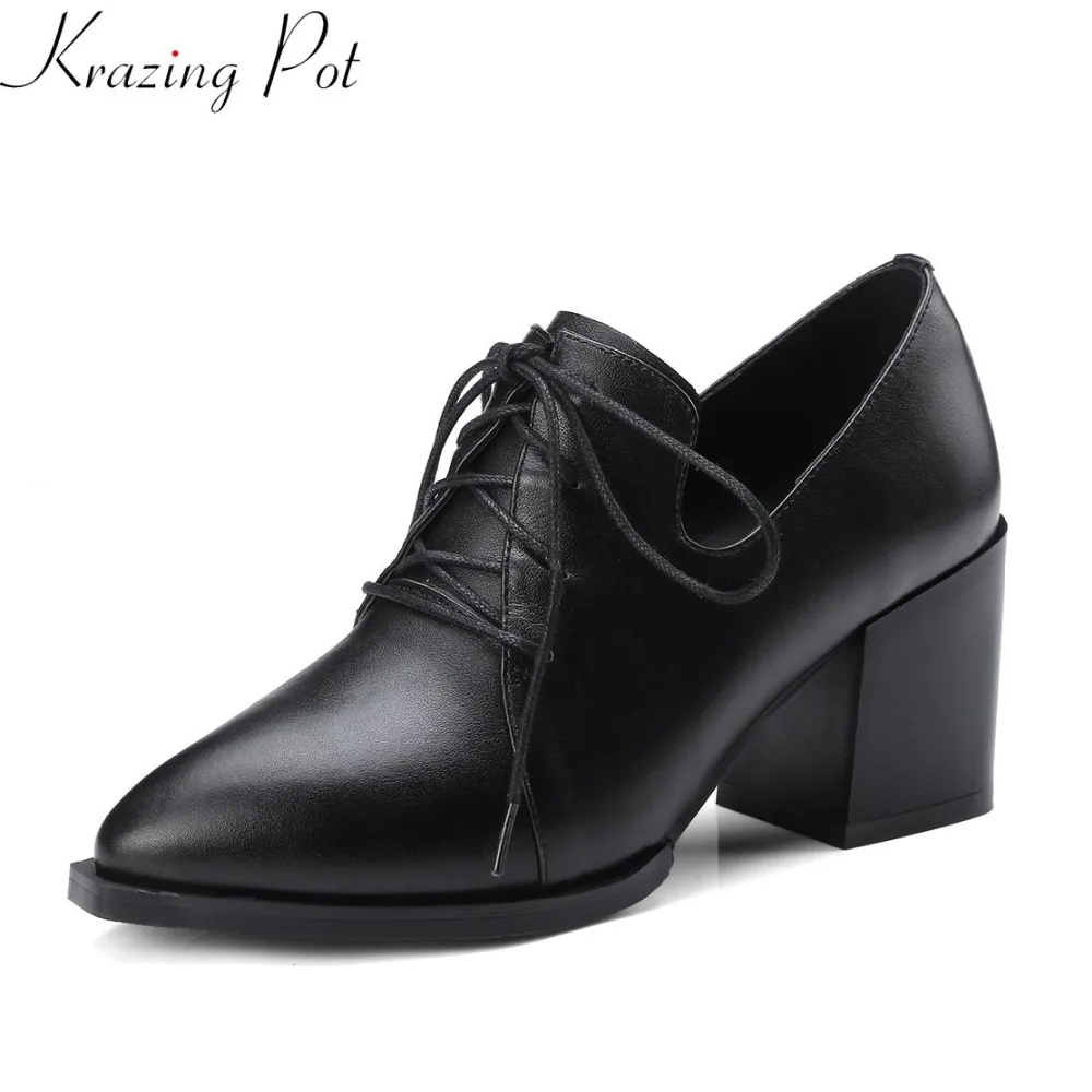 

Krazing Pot 2019 office lady cow leather pointed toe med heels lace up shallow solid leisure British style woman pumps shoes L11