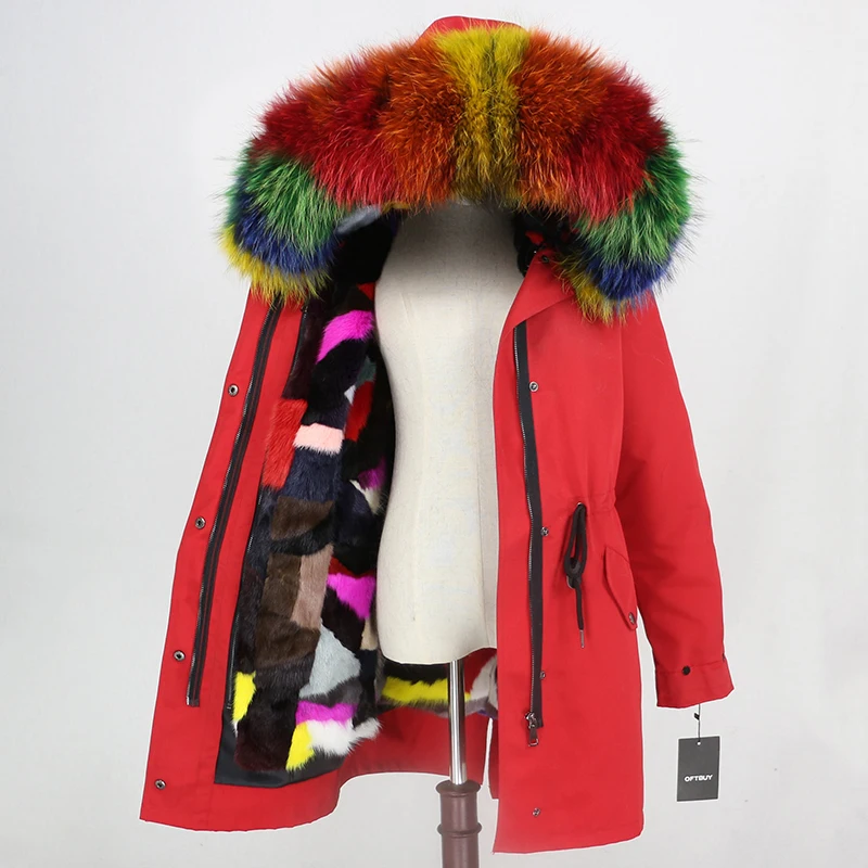 OFTBUY, пальто из натурального меха норки, водонепроницаемая длинная парка, зимняя куртка для женщин, натуральный мех енота, капюшон, съемная верхняя одежда, Толстая теплая - Цвет: red multi multi