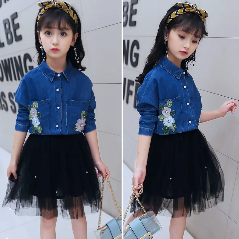 

2018 Children Girls Denim Jackets +Skirts 2pcs set Teenage Kids Girls Denim Skirt Suit Girl Long Sleeve Set 3-12Y Tracksuit