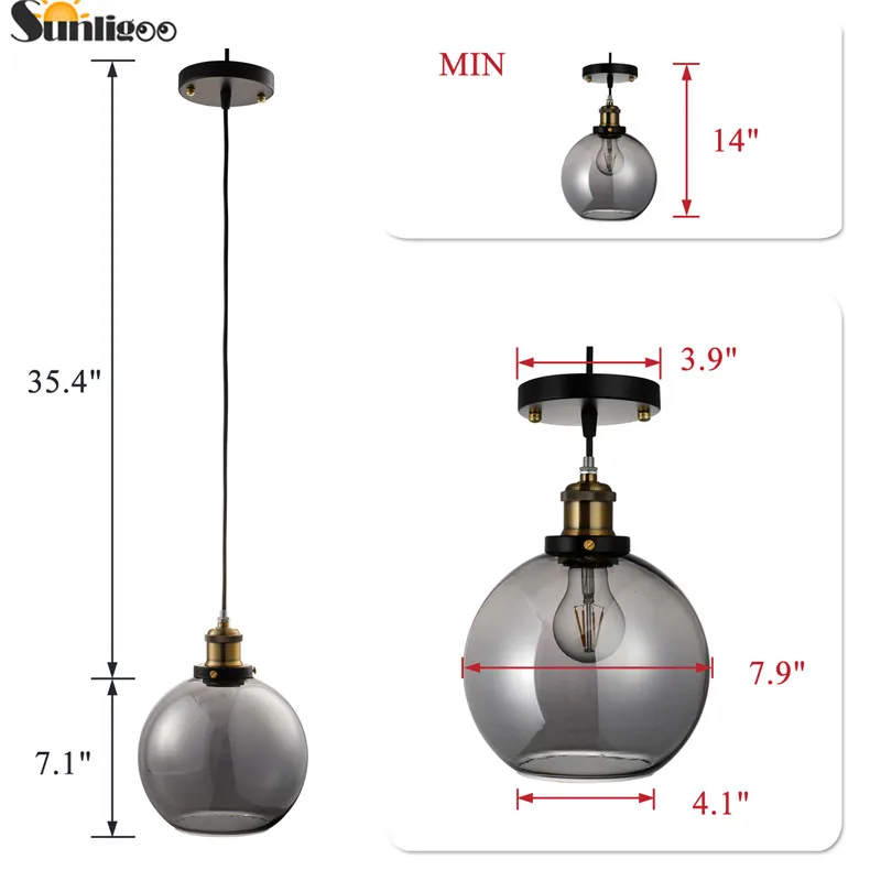 Sunligoo Европейский ретро Лофт Ресторан подвесной светильник винтажный промышленный дымчатый серый шар стеклянный потолочный светильник медь E27 разъем