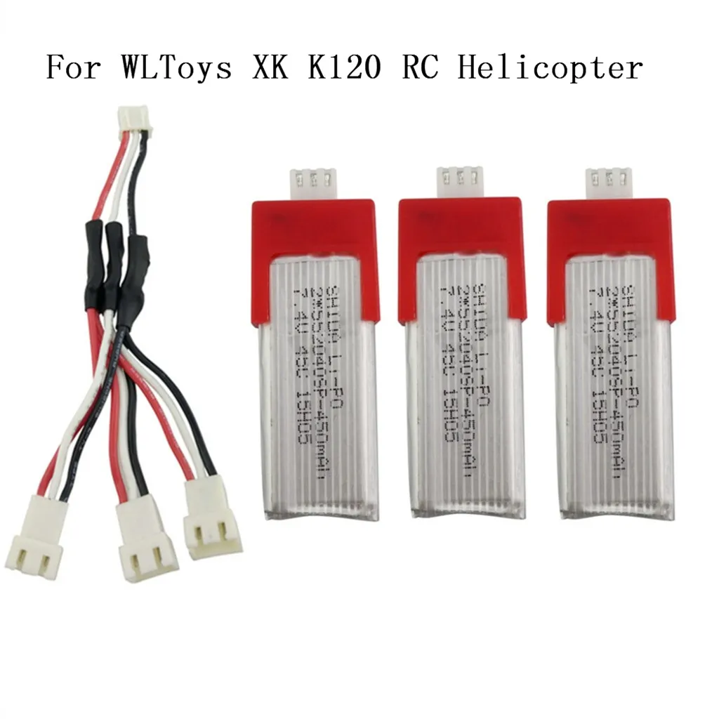 

2019 Portable Suitable Charging 3Pcs 7.4V 450mah Battery With 3In1 Charging Cable For XK K120 RC Helicopter accessories