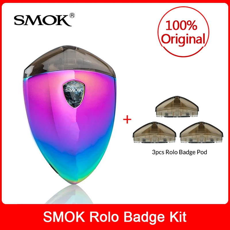 Original SMOK Rolo Badge Kit with built-in 250mAh Battery + 3pcs Rolo Pod 2ml (Optional) LED Light Electronic cigarette vape