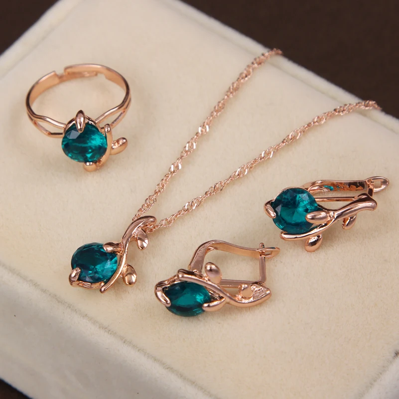 

Fashion Wedding Accessories Gold Color Sea Blue Crystal Jewelry Sets Pendant Necklace/Ring/ Earrings