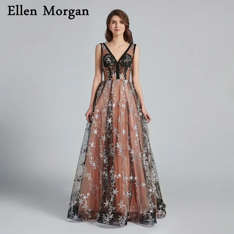 

Sexy See Through Evening Dresses 2019 Pattern Star Tulle Lace V Neck Lace up Corset Floor Length Court Train Long Prom Gowns