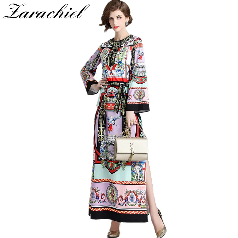 

Runway Maxi Dress 2019 Autumn Women Tunic Vintage Art Pattern Printed Sashes Loose Vestidos Long Sleeve Split Casual Long Dress