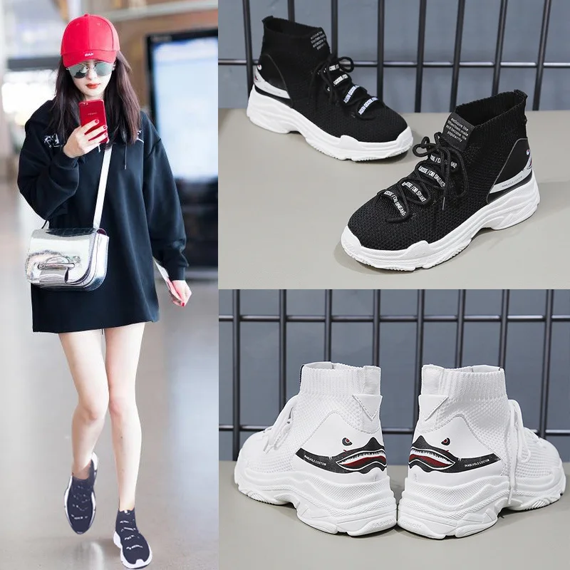 

Luxury Brand Korean Soft Socks Shark Casual Breathable Women's Shoes Fashion Flats Knit Upper Chunky High Sneakers for Women