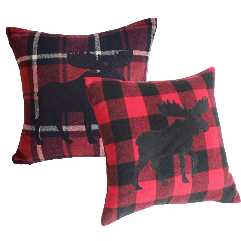 

Free Shipping Set of 2 pcs Buffalo Check With Applique Suede Black Moose Reversing to same Pillow Cover Sofa Cushion Cover