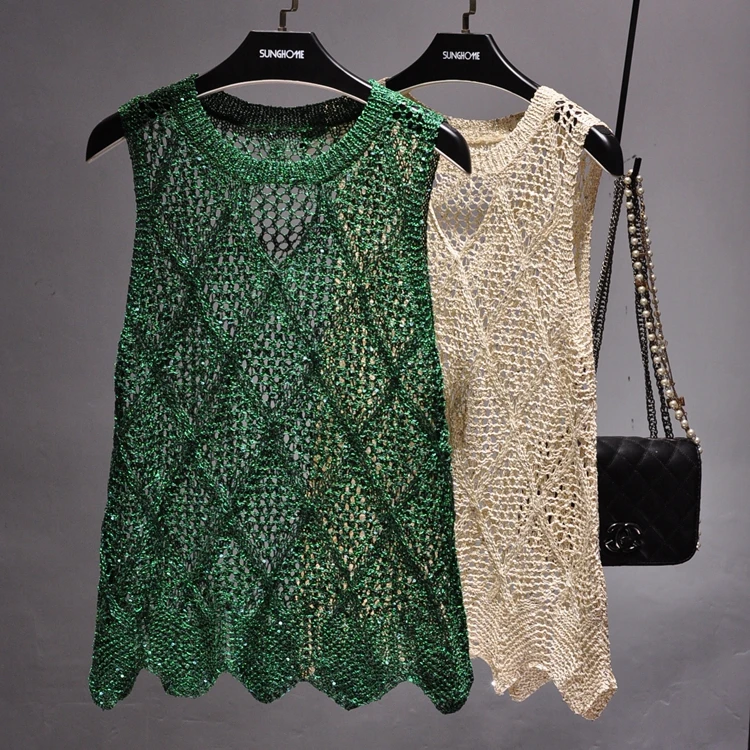 

sexy summer shiny sleeveless tanks tops lady bling bling sequines knitted tanks female sexy hollow out knitted camisole tops