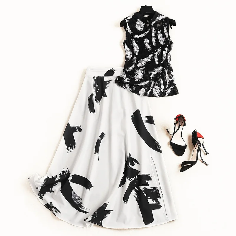

Shuchan Office Lady Two Piece Set Female Costume Lace Top with Sleeveless+skirts Elastic Waist Ankle-Length 2019 Summer 51032