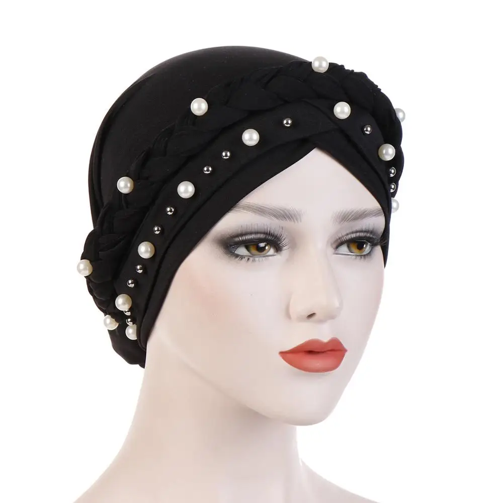 Мусульманские женщины крест шелковая коса белый жемчуг тюрбан шляпа шарф Рак шапка Хемо Кепка хиджаб головные уборы головной убор аксессуары для волос - Цвет: Black