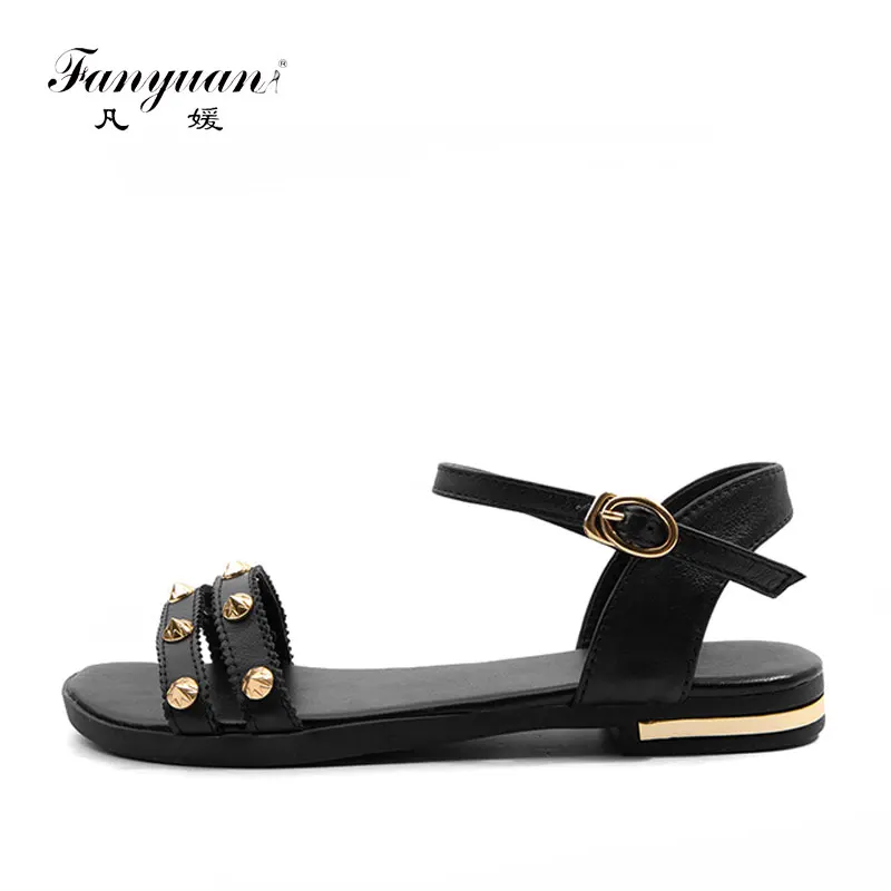 

Fanyuan Fashion Genuine Leather Ankle Strap Sandals Concise Buckle Strap Rivet Flats Women Shoes Summer Comfort Flat Shoes
