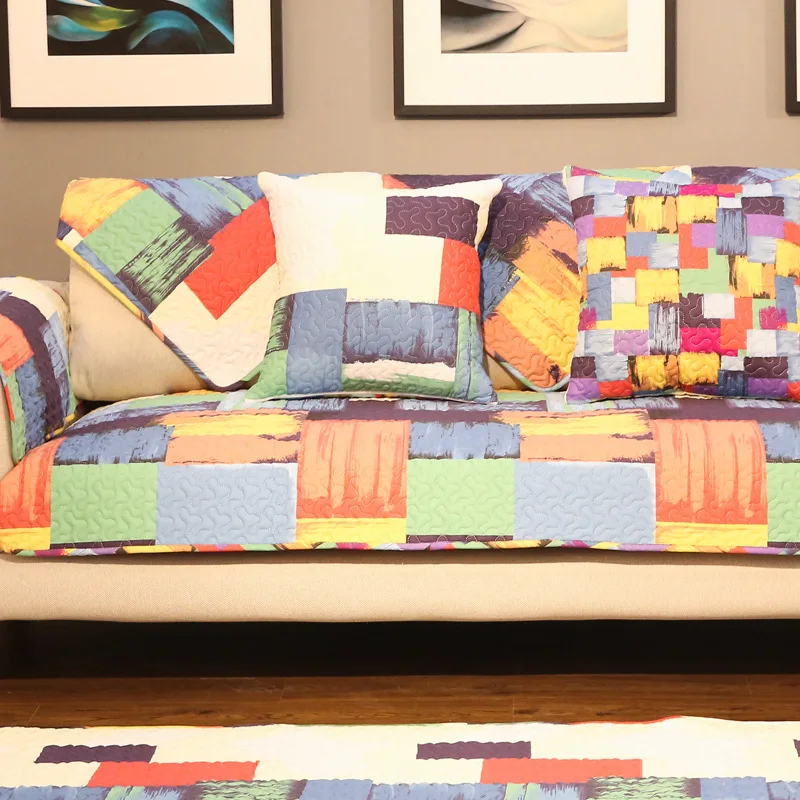 Graffiti Modern Plaid Cotton Sofa Cover Cloth Colorful Couch Plaid Cotton Sofa Cover Cloth Colorful